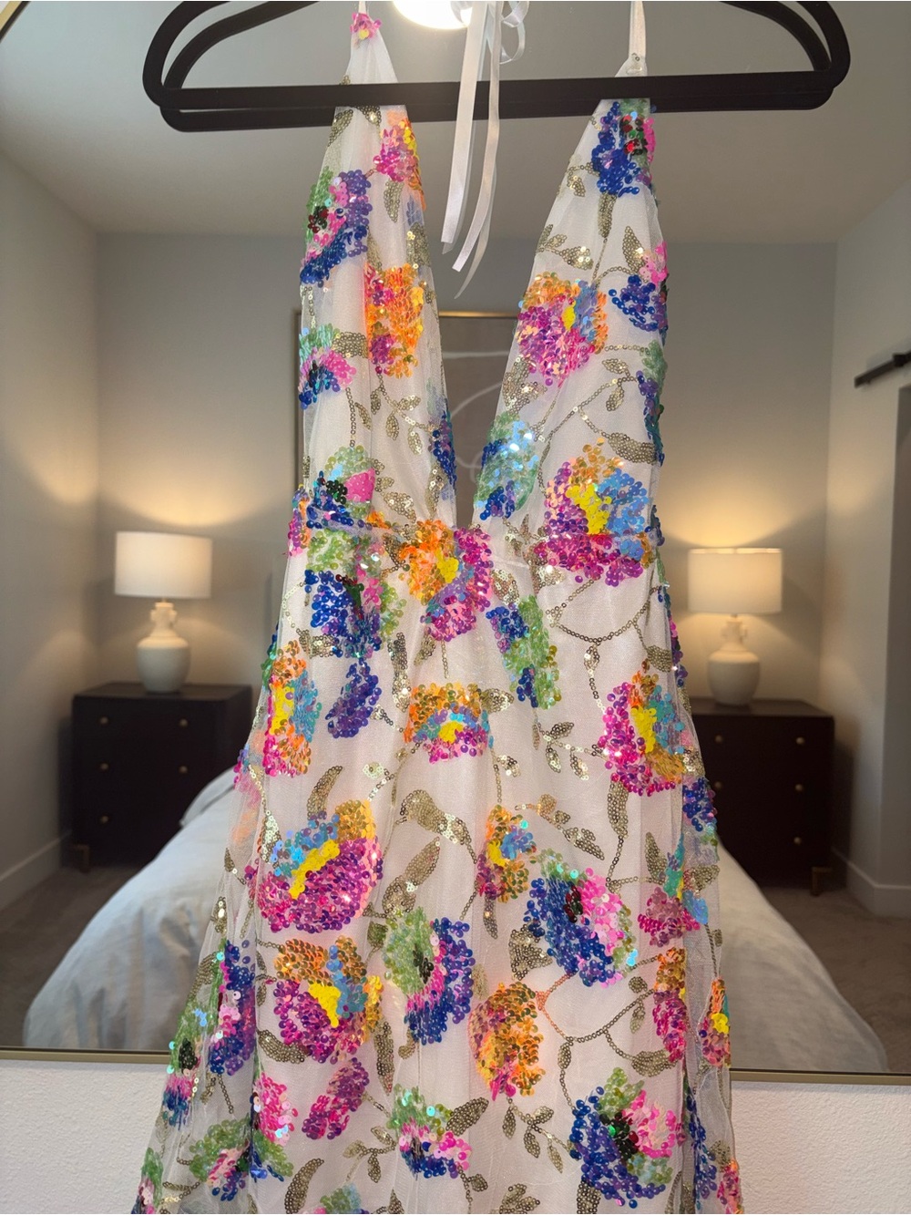 Source Unknown White Backless Sequin Floral Dress with Rainbow Embroidery